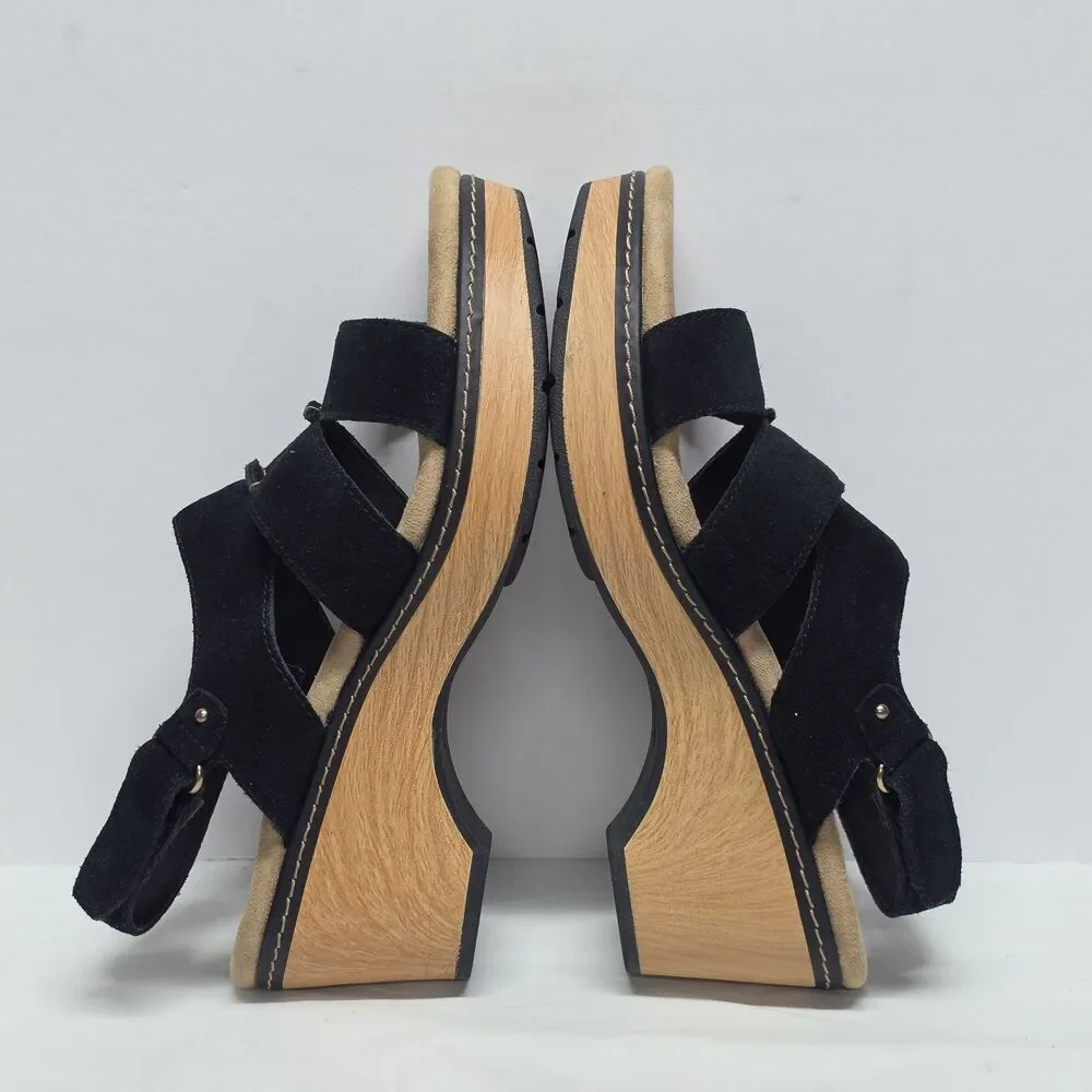 Clarks Seannah Glow Suede Wedge Sandal In Black Womens Sz 10 Wide Slingback